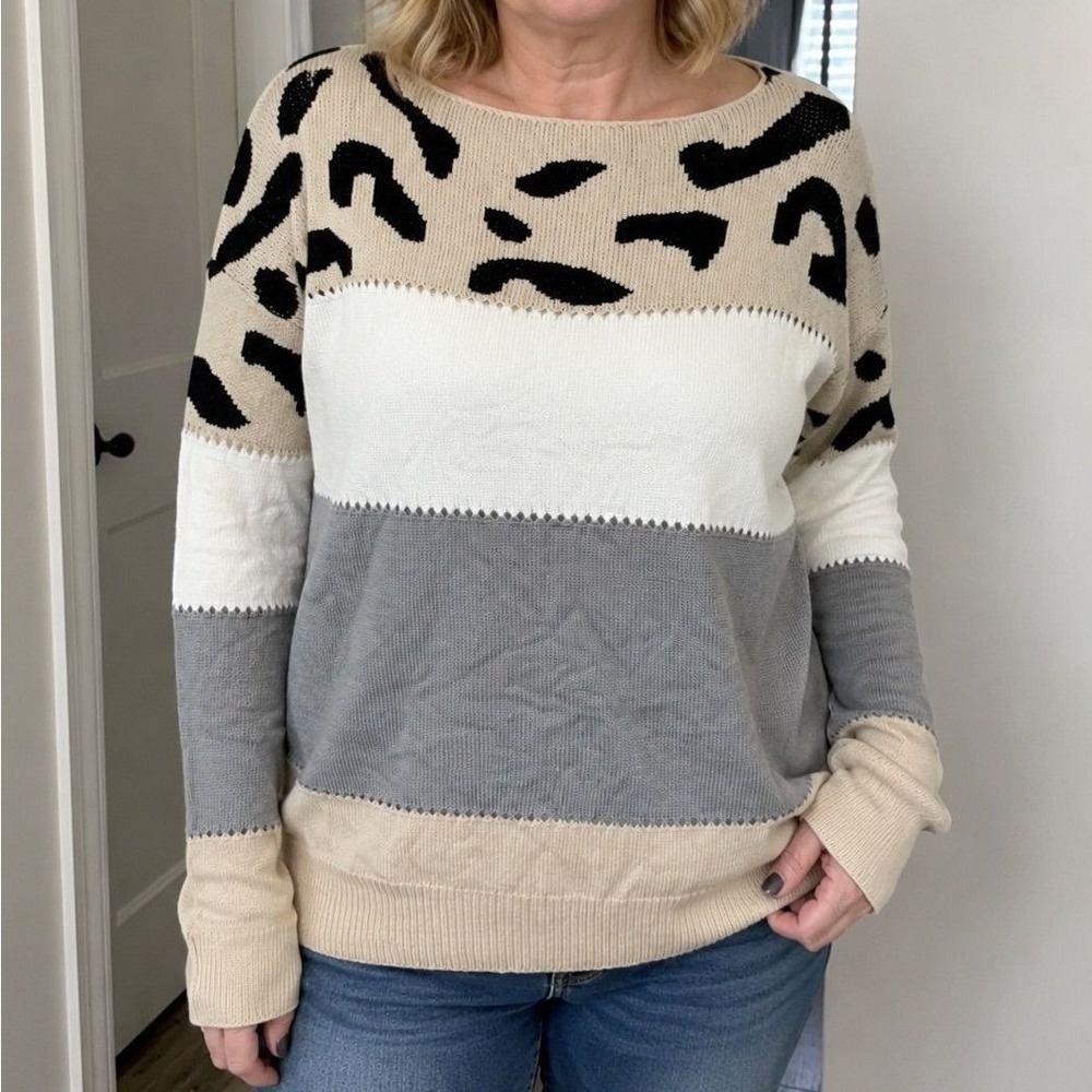 Fudus Womens Colorblock Leopard Print Sweater Boat Neck‎ Knit Pullover Tan Grey